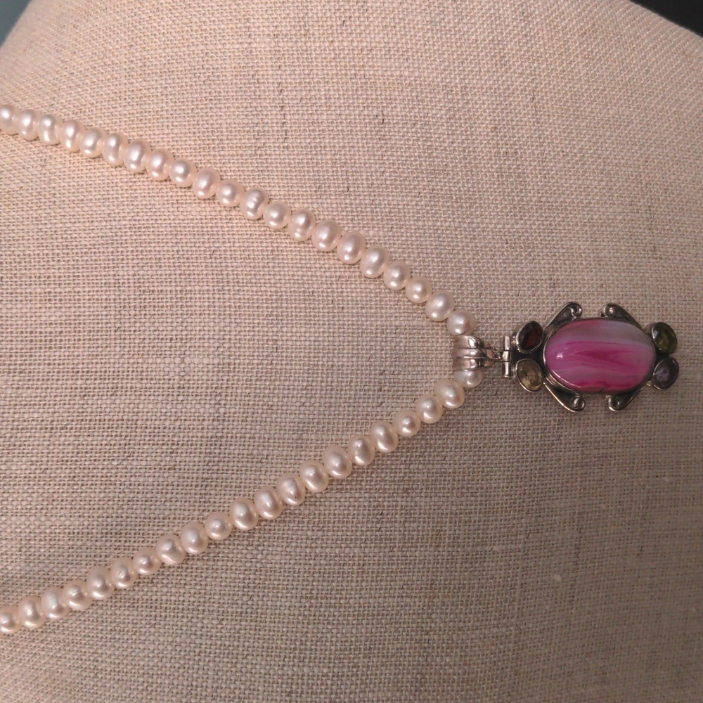 MultiGem Sterling Silver Pendant Freshwater Pearl Necklace, New, Genuine
